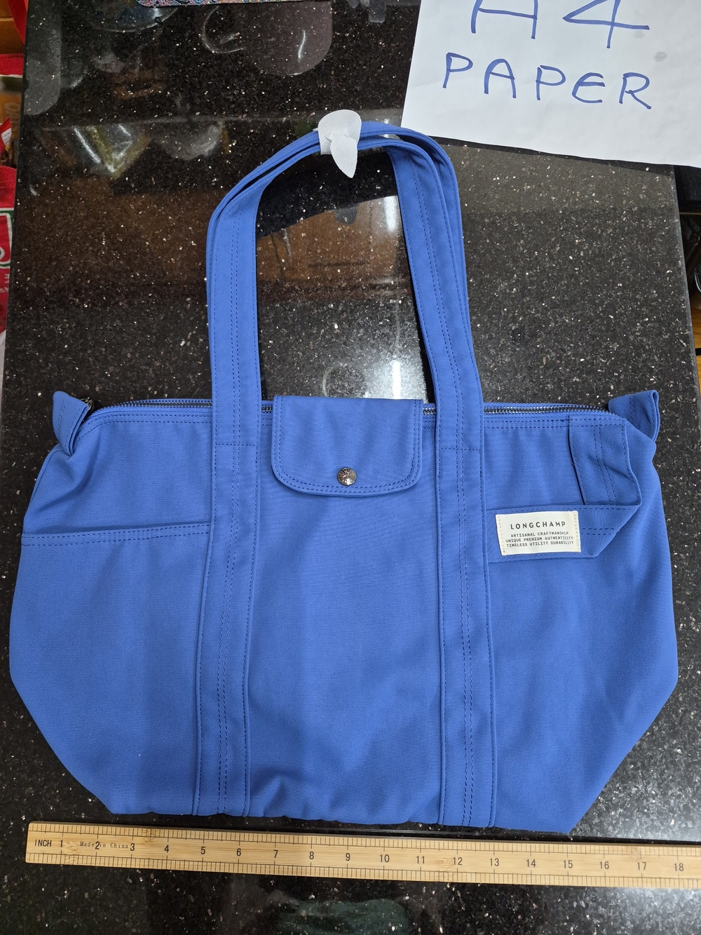 Longchamp Blue Nylon Tote with Top Zip and Snap Flap